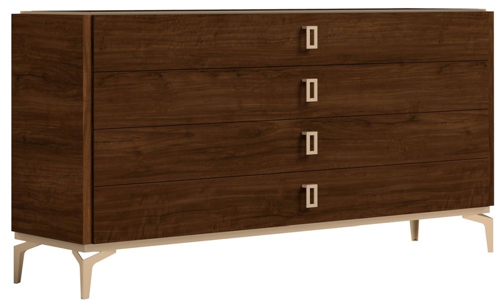 Product photograph of Modern Eva Walnut Italian 4 Drawer Dresser With Gold Trim from Choice Furniture Superstore.
